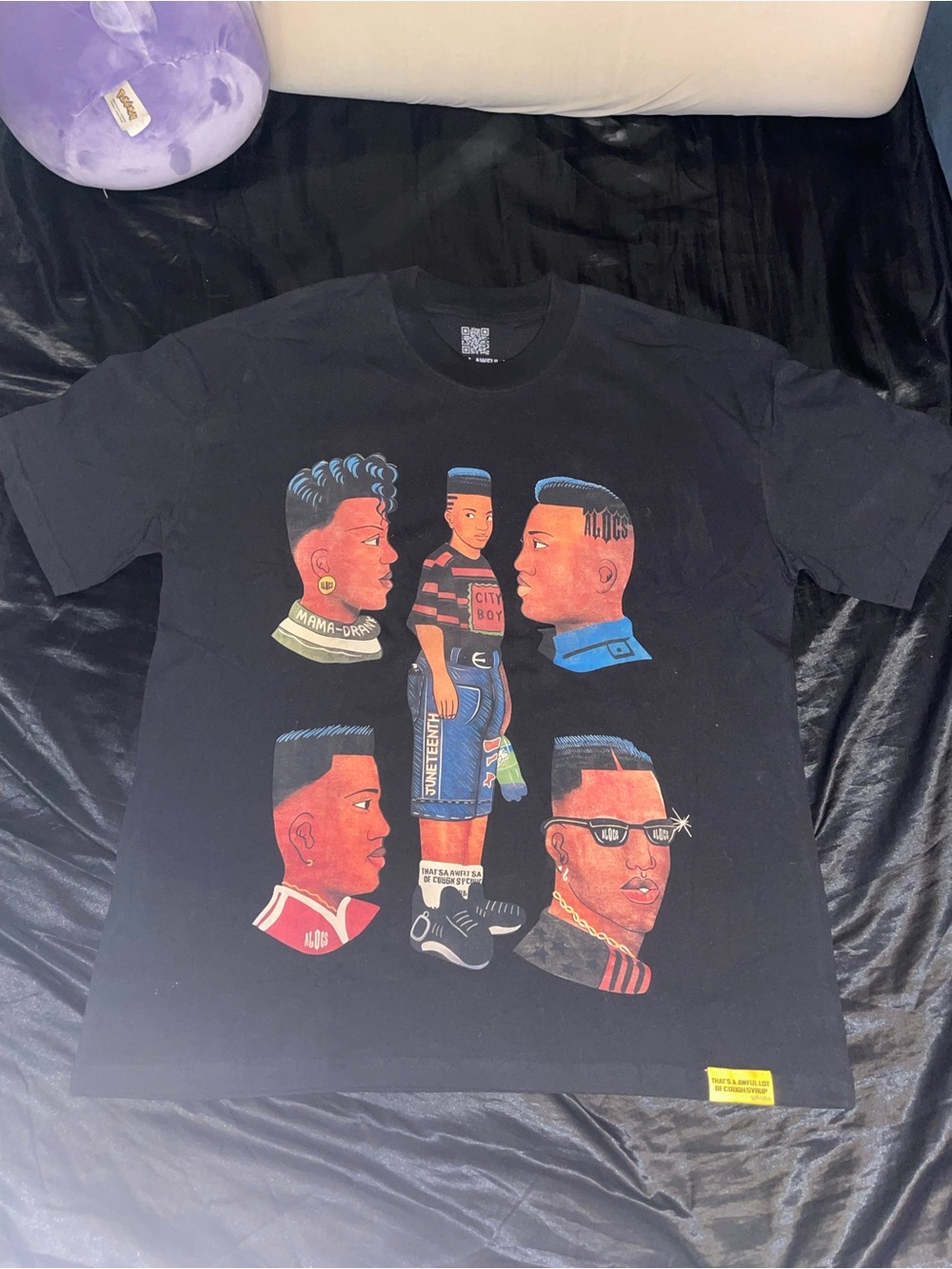 ALOCS Black Graphic Crewneck T-Shirt with Retro Portrait Artwork